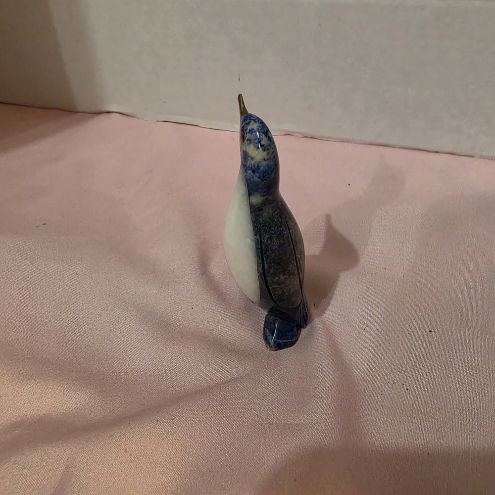 Carved Lapis Lazuli Penguin Figurine with White Onyx Belly and Brass Beak 2.1" - Picture 7 of 9